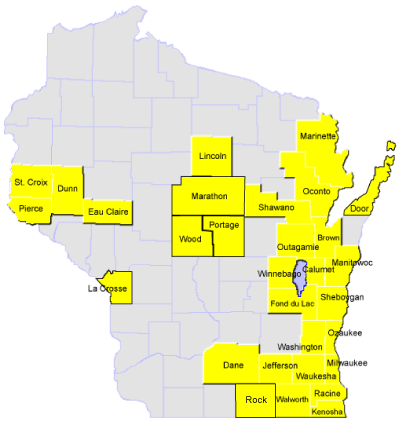 Map of Wisconsin counties with park and rides