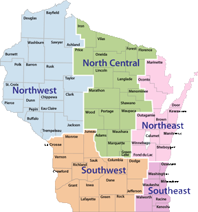 Map of the five Wisconsin Transportation Regions.
