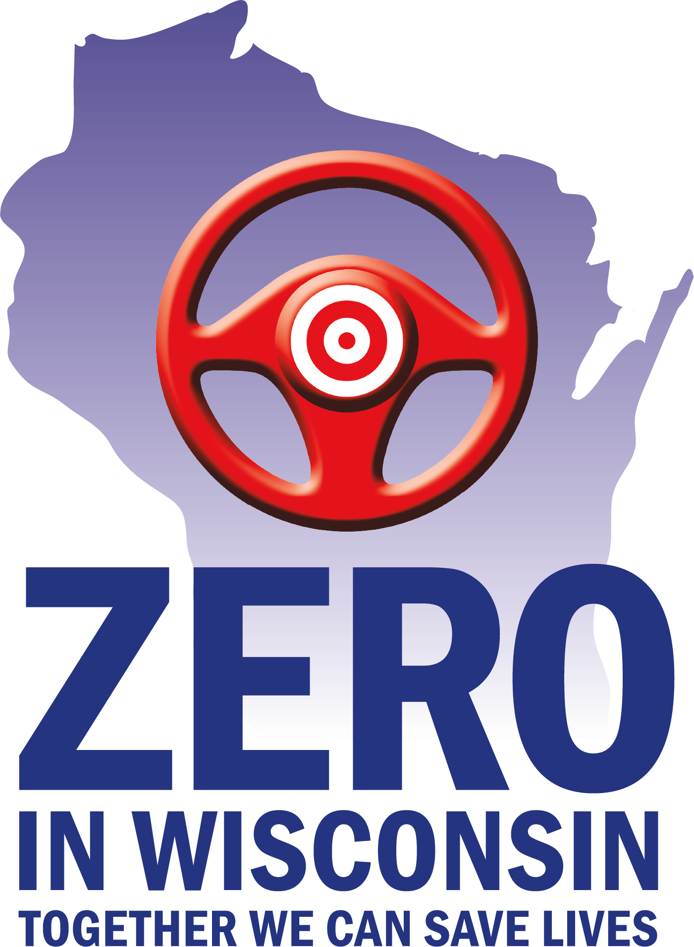 Logo for Zero in Wisconsin initiative shows a steering wheel with a bullseye in the center superimposed over image of WI.