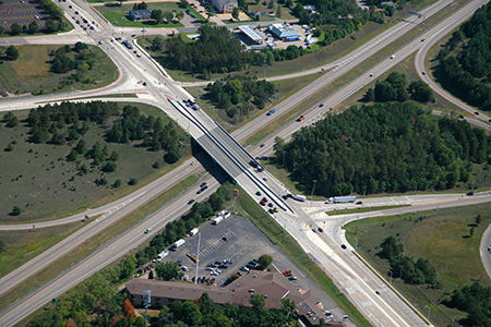 Aerial view of I-39, US 10 and WIS 66 interchange