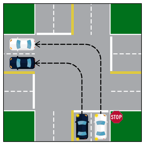 Vehicles turning left from a stop with multiple turn lanes. Vehicles remain in their lane throuh the entire turn.