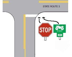 Improper ATV route and STOP sign placement diagram