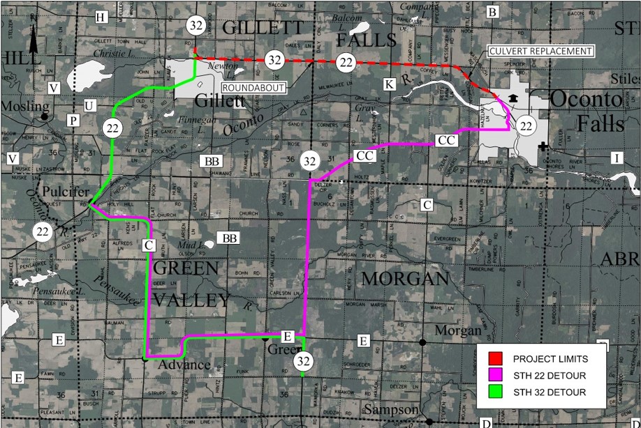 WIS 22 detour: County Road CC to WIS 32 to County Road E to County Road C, to WIS 22 WIS 32 detour: County Road E to County Road