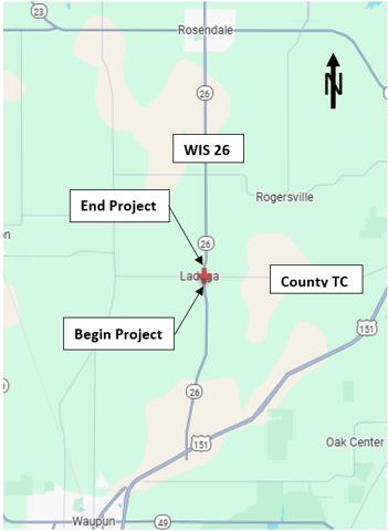 intersection of WIS 26 and County TC between Rosendale and Waupun in the unincorporated community of Ladoga and, in the towns of
