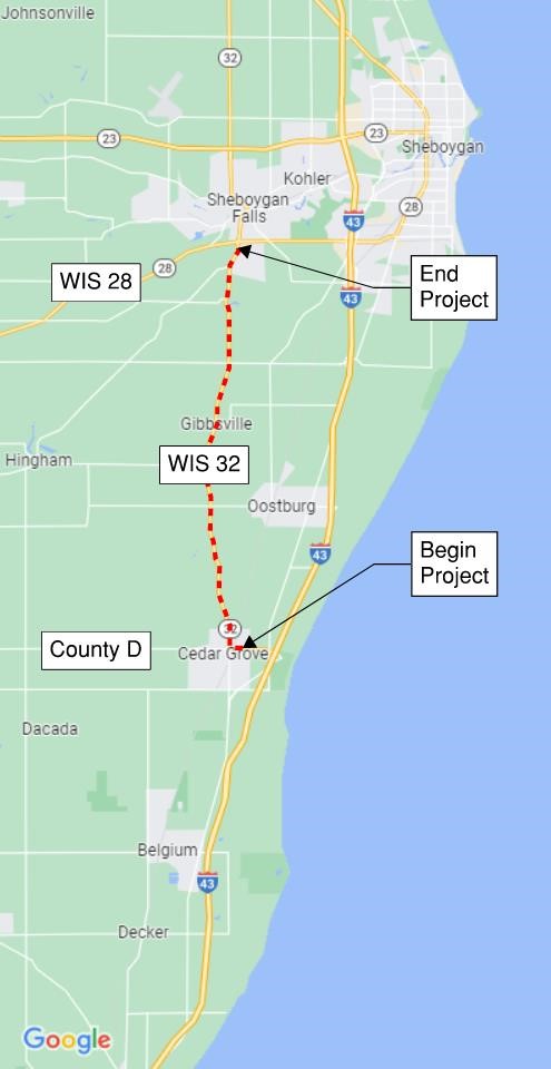 Map showing the route of the project from beginning to end