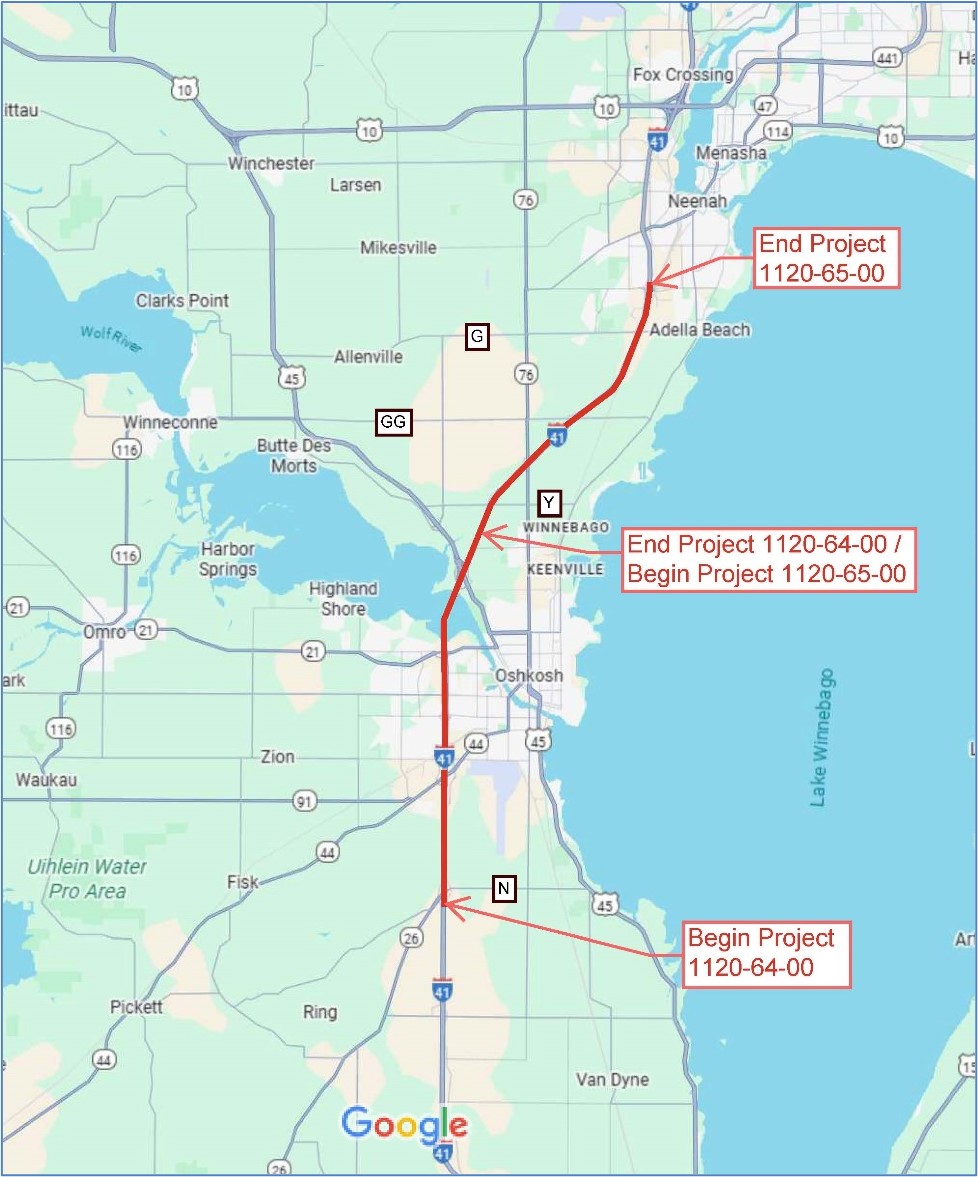 Location map - two projects along I-41 between WIS 26 in the city of Oshkosh to Breezewood Lane in the city of Neenah in Winneba