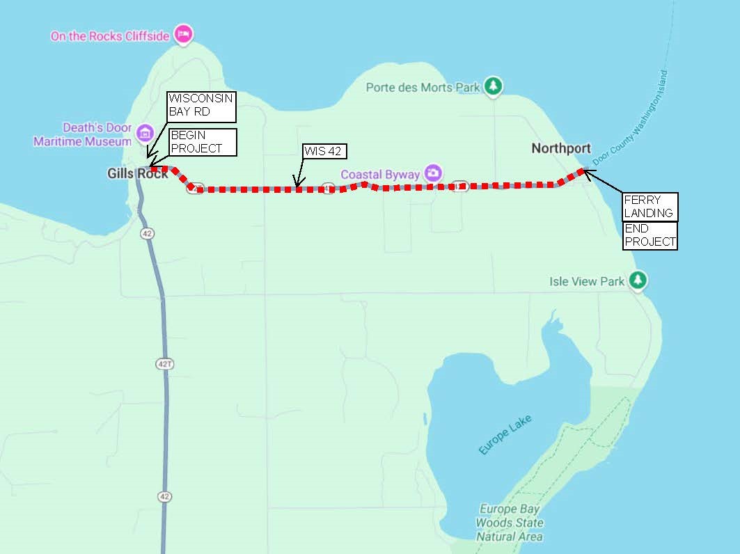 Location map WIS 42 Wisconsin Road to Ferry Landing Door County