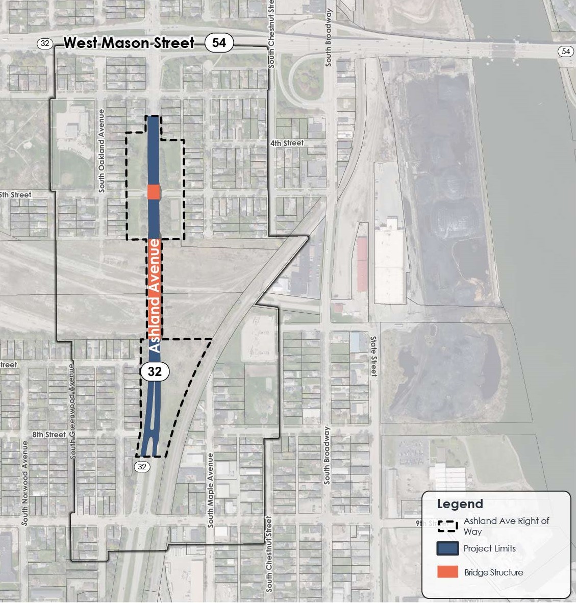 The study area encompasses approximately 0.6 miles of WIS 32 / Ashland Avenue on the city of Green Bay’s west side from 9th Stre