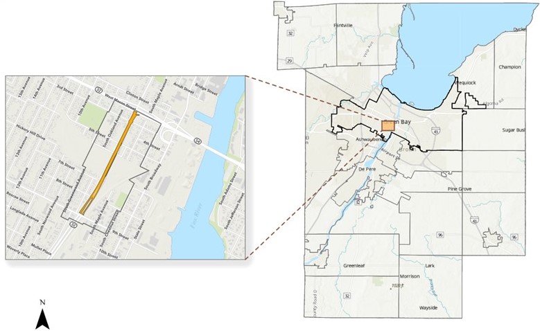 Map showing the project limits on Ashland Avenue from Mason Street to 9th Street and showing the project’s location relative to 