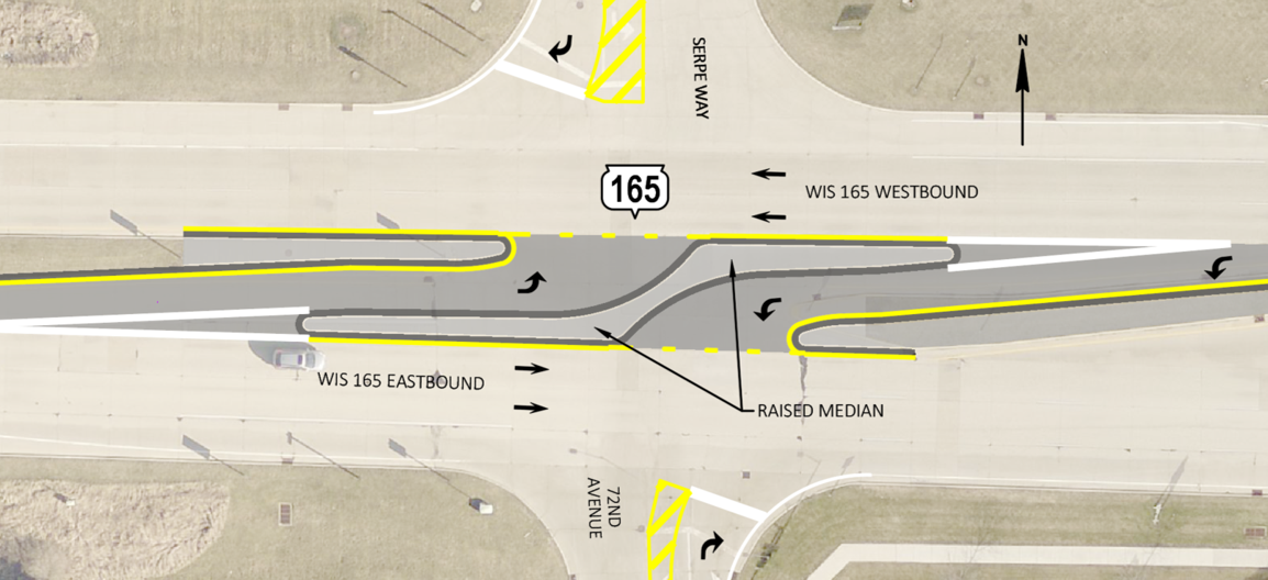 A map showing median reconfiguration project at the intersection of WIS 165 and Jelly Belly Lane/72nd Avenue in Kenosha County.