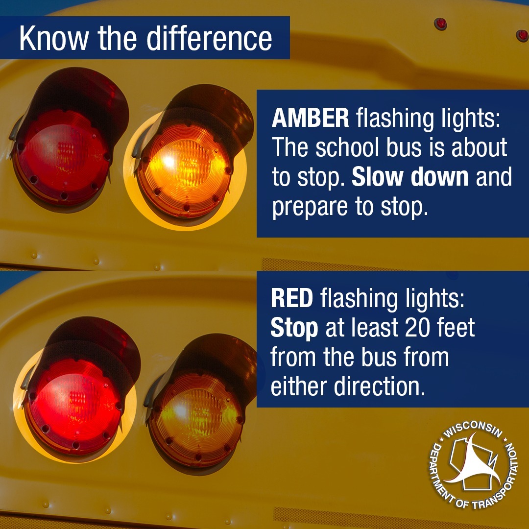 Know the difference-slow down for amber flashing school bus lights, stop for red flashing school bus lights
