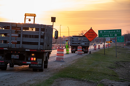 A  work zone at sunset.