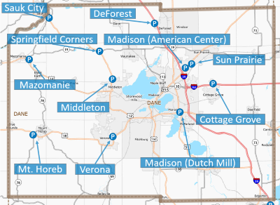 Map of Dane County park and ride lots.