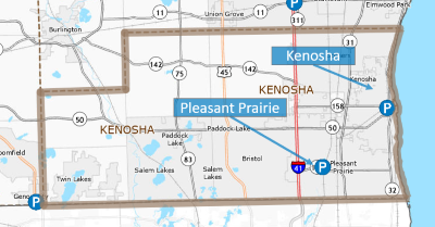 Map of Kenosha County park and ride lots.