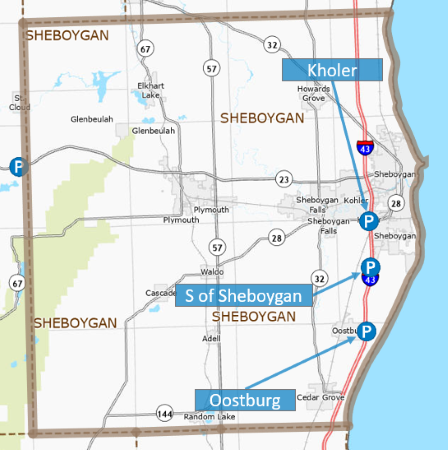 Map of Sheboygan County park and ride lots