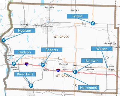 Map of St. Croix County park and ride lots