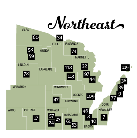 Northeast region map of rustic roads and counties